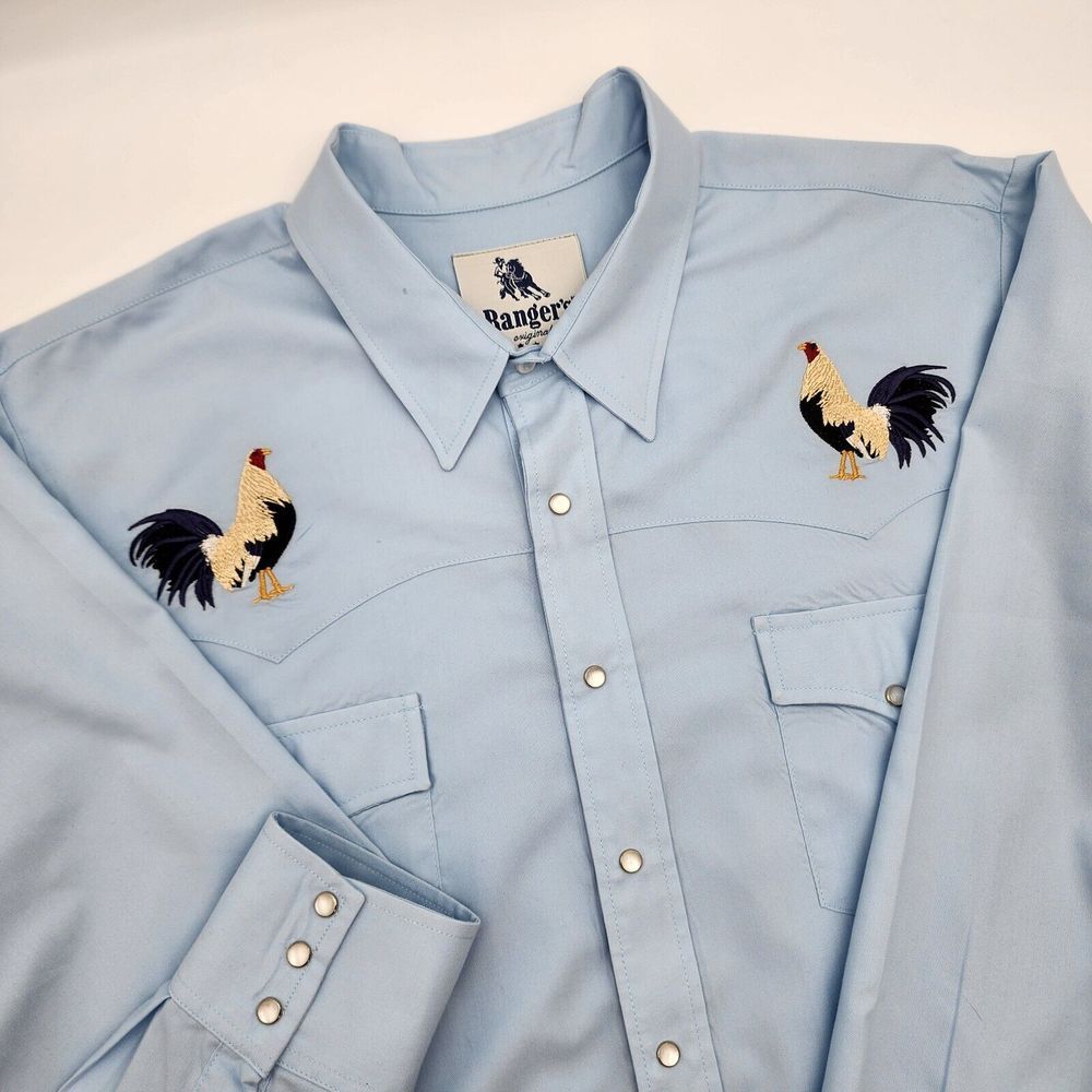 Ranger's Original Blue Pearl Snap Button Up Embroidered Shirt Men's XXL READ‎